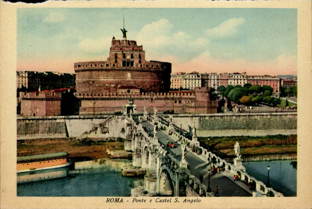 Roma - Ponte e Castel S. Angelo — Ansicht des Brückens und Schlosses mit mehrsprachigem Text - Vorderseite