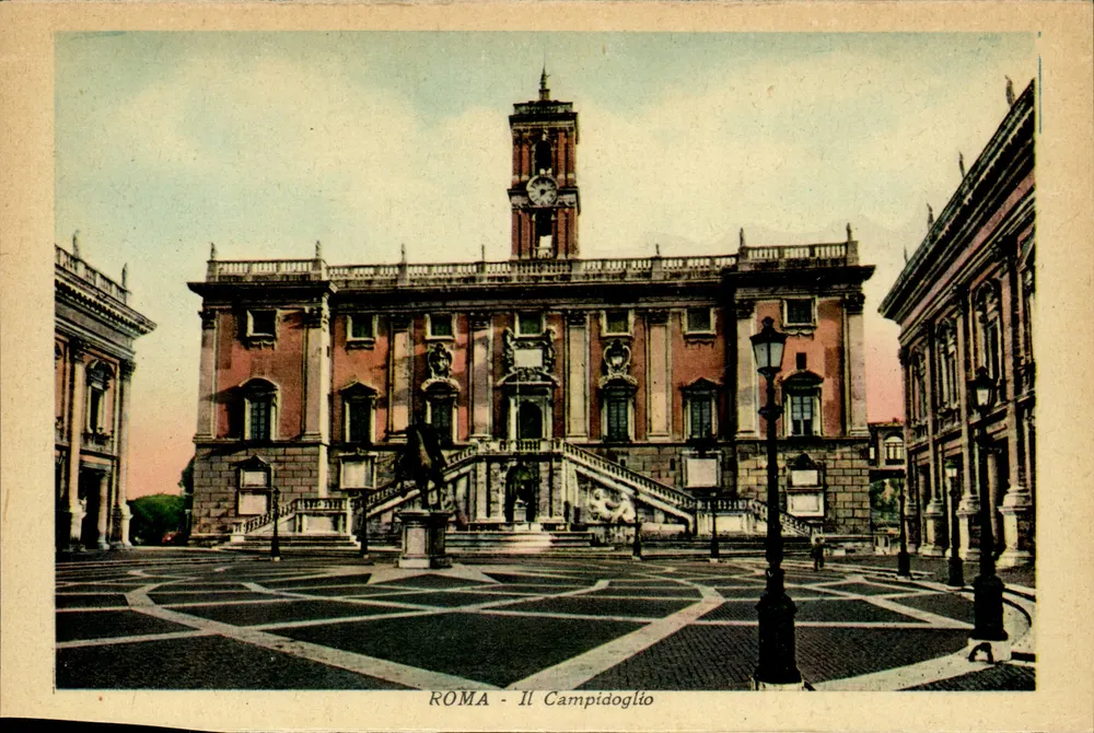 Rom - Il Campidoglio — Ansicht des Palazzo Senatorio und der Treppen mit Statuen von Castor und Pollux - Vorderseite
