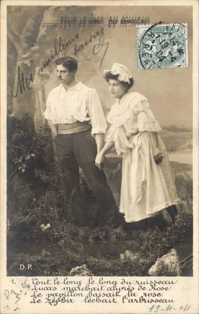 Casal à beira de um riacho — texto impresso e manuscrito — D.P. — n°1 - Frente