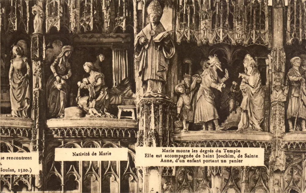 Natividade de Maria — Maria sobe os degraus do Templo acompanhada de São Joaquim e de Santa Ana — Soulas, 1520 - Frente
