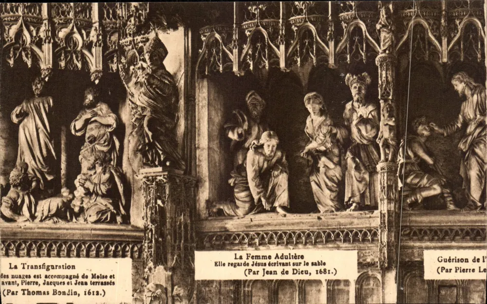 Cenas religiosas esculpidas — A Transfiguração, A Mulher Adúltera, Cura do Homem — obras de Thomas Bondin, Jean de Dieu, Pierre Le (1612, 1681) - Frente