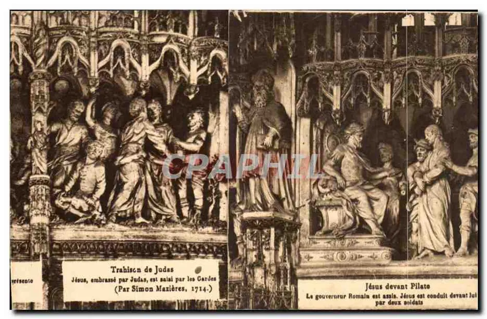 Traição de Judas — Jesus diante de Pilatos — Esculturas de Simon Mazières, 1714 - Frente