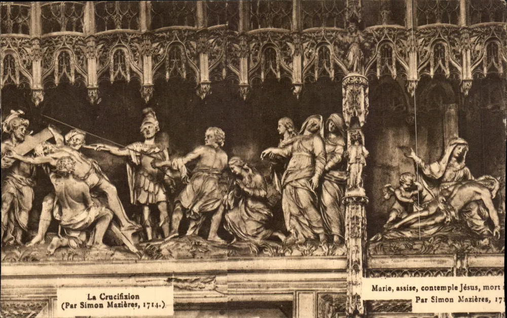 A Crucificação — Maria sentada contempla Jesus morto — Por Simon Mazières, 1714. - Frente