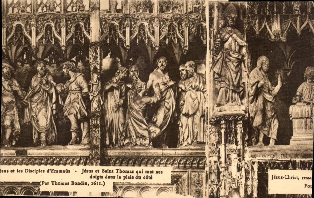 Jesus e os Discípulos de Emaús — Jesus e São Tiago que coloca seus dedos na ferida do lado — (Por Thomas Bondin, 1611.) - Frente