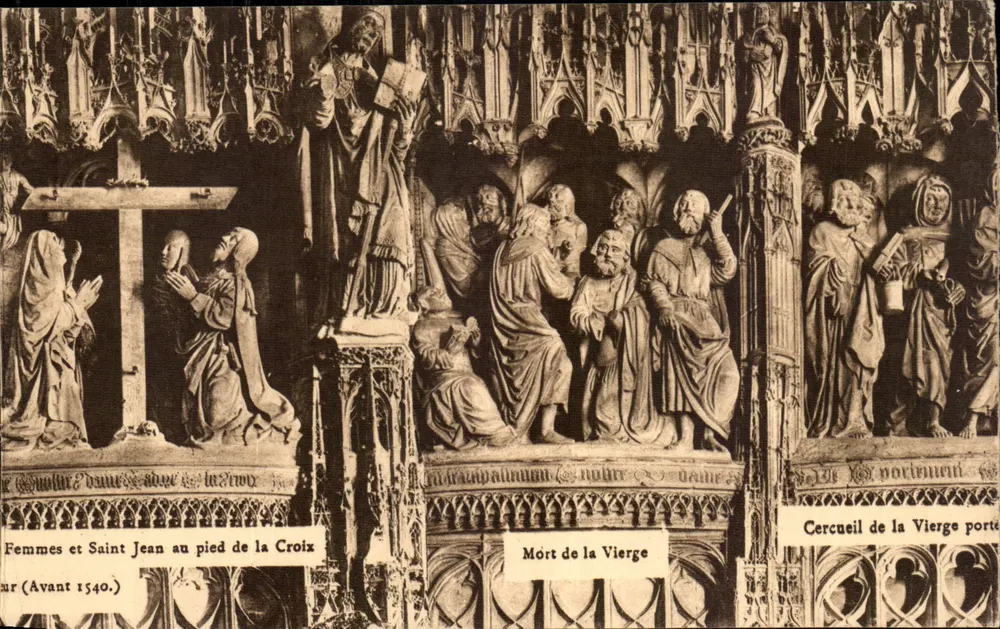 Mulheres e São João aos pés da Cruz — Morte da Virgem — Cofre da Virgem carregado — Antes de 1540 - Frente