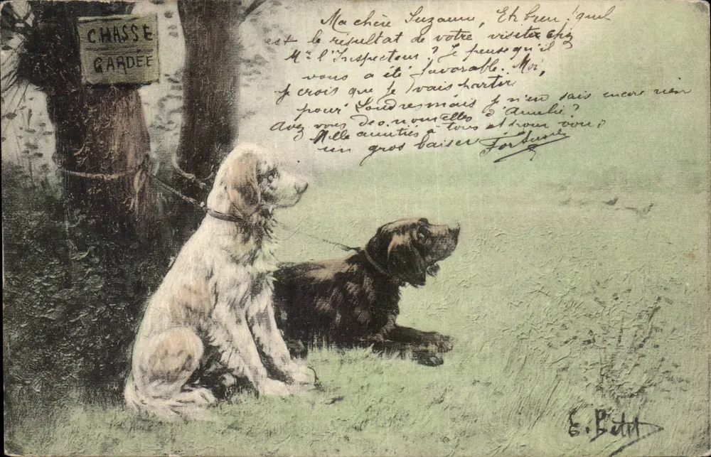 Dos perros de caza — Caza reservada — E. Bida - Anverso