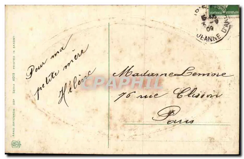 Junges Paar und Kind im Garten — Verlag Arno Artchrom, Serie 4019 — Briefmarkenwert 5c - Rückseite
