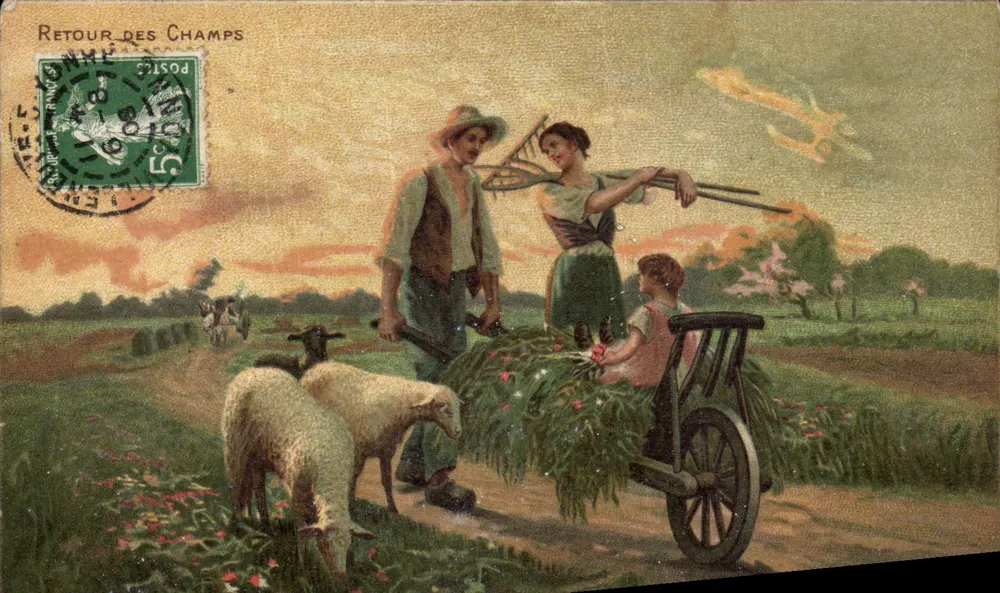 Rückkehr von den Feldern — Landschaft mit Schäfer, Frau und Kind — K. F. Verlag, Paris, Serie 923 - Vorderseite