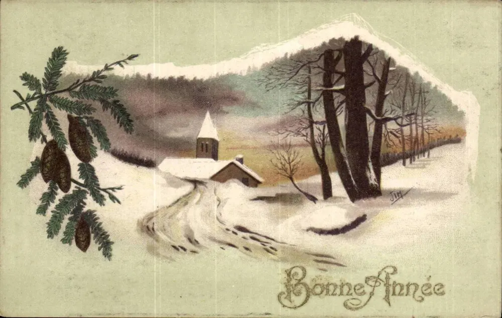 Winterlandschaft mit Kirche — Frohe Weihnachten — JIM - Vorderseite