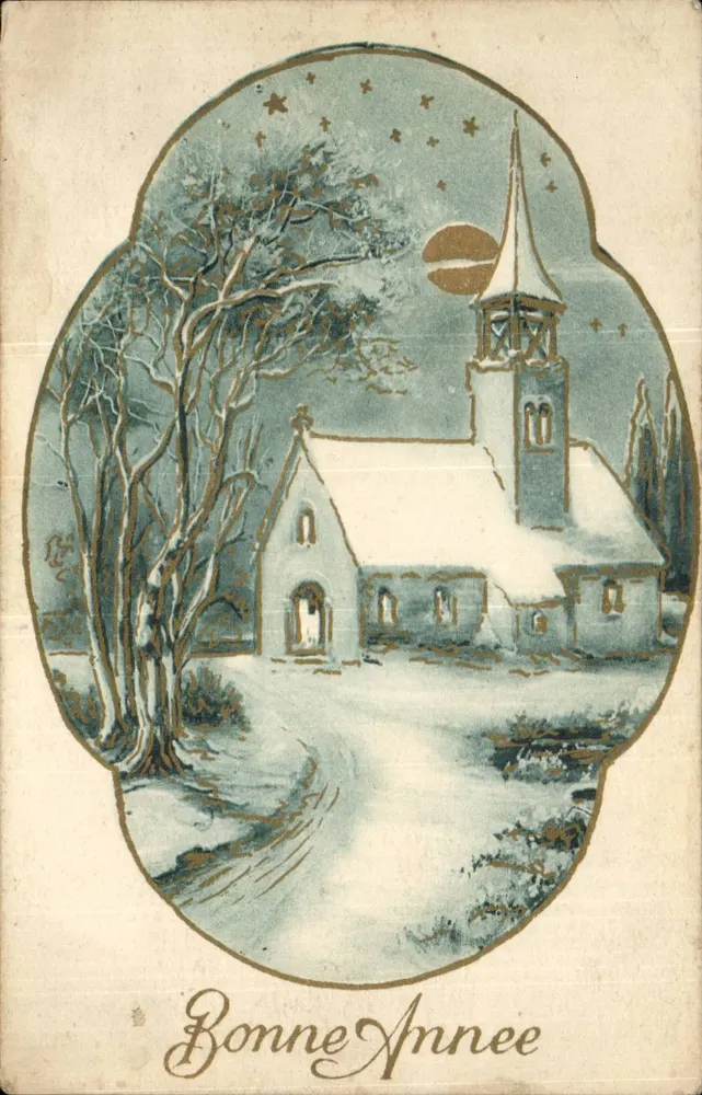 Schneekirche — Winterlandschaft — Text 'Bonne Année' unten - Vorderseite