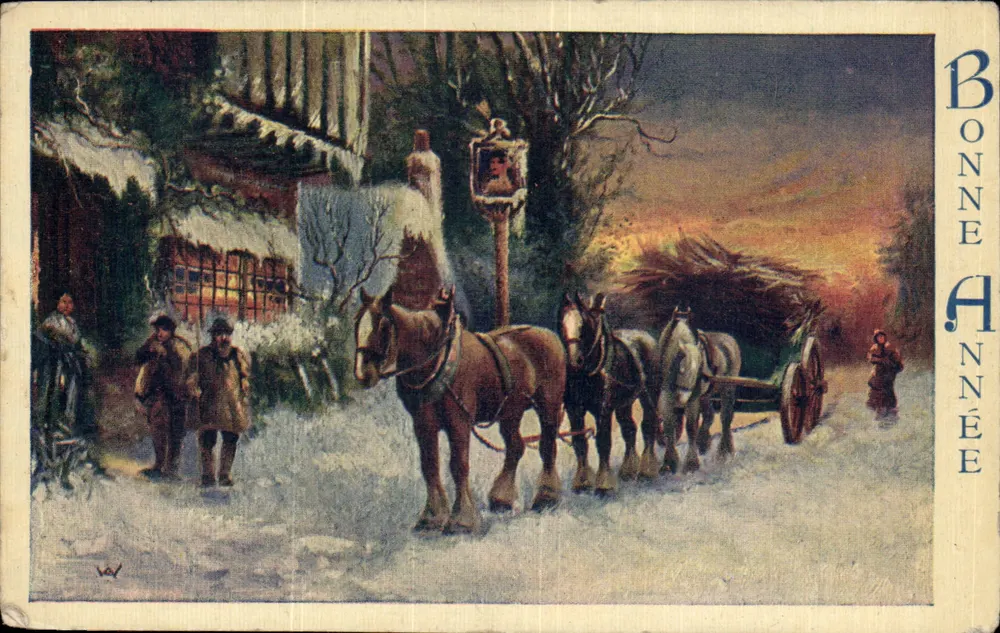 Winterlandschaft mit von Pferden gezogenem Wagen — Frohe Weihnachten — Die « Olio » Karte - Vorderseite