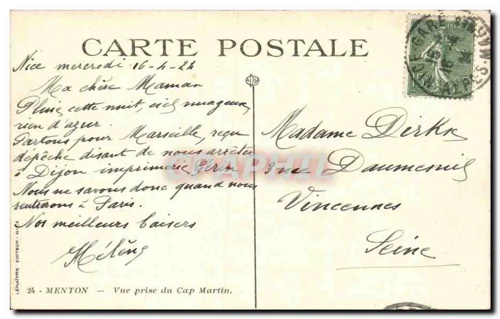 Visão tirada do Cap Martin — Menton — Editor Lénaître - Verso