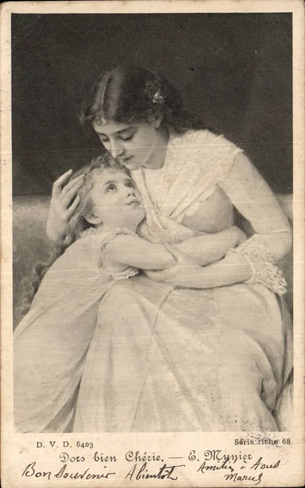 Mulher acariciando uma menina — Bon souvenir chérie — E. Mypier, Série rica 68 - Frente