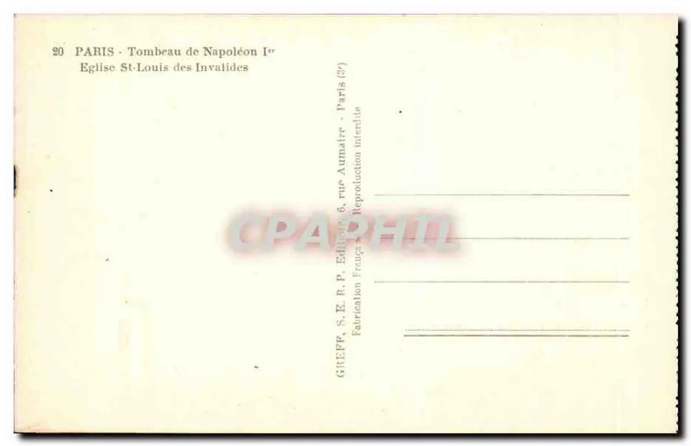 Grab von Napoleon I — Kirche Saint-Louis des Invalides — Verlag Greff, Paris - Rückseite