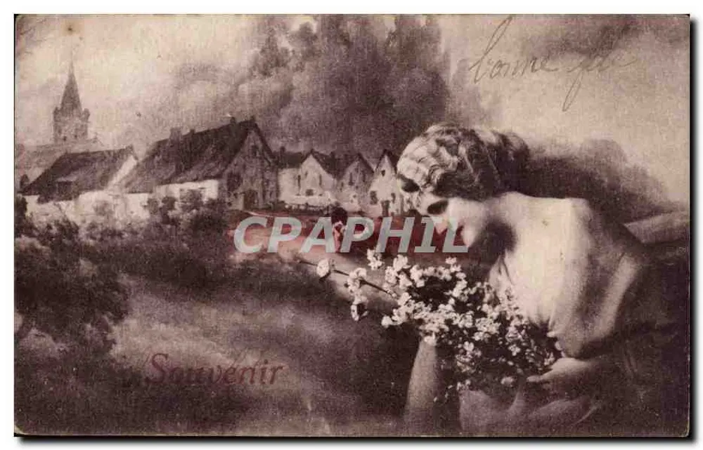 Frau mit Blumenstrauß — Dorfansicht mit Kirche — Verleger Beridoux, Paris, Serie 1 - Vorderseite