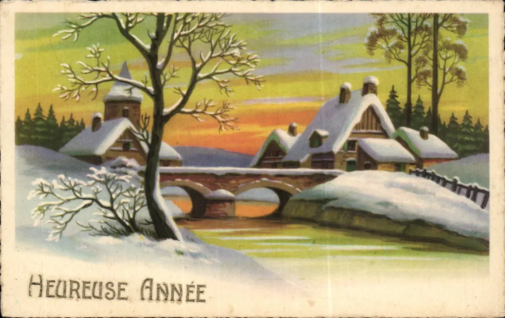 Winterlandschaft — Schneeverdecktes Dorf mit Brücke — Von CRAPHIL gedruckt - Vorderseite