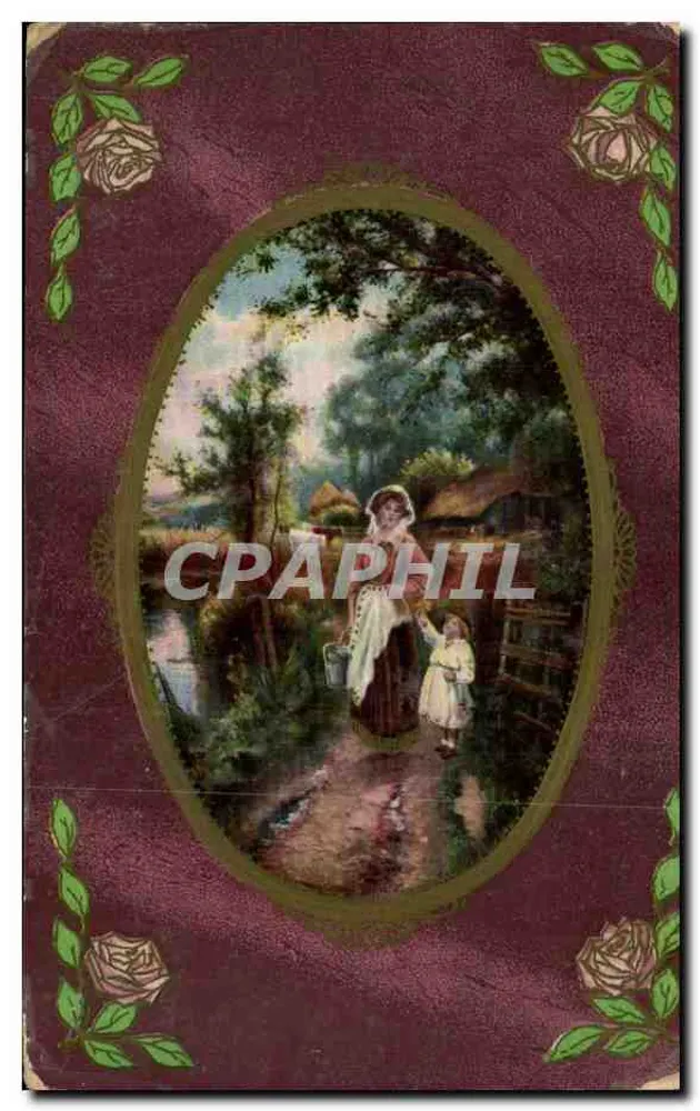 Frau und Kind in einem Landschaftsbild — ländliche Szene — Verlag: Printed in Germany, Serie 936 - Vorderseite