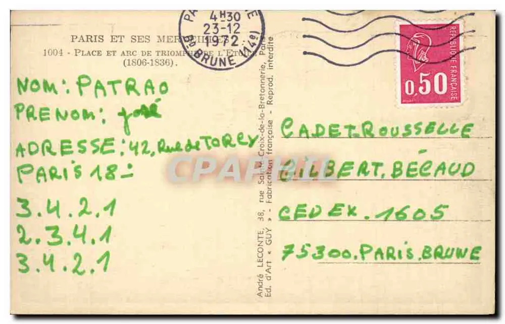 Arco do Triunfo — Paris — editor Guy, n°1004 - Verso