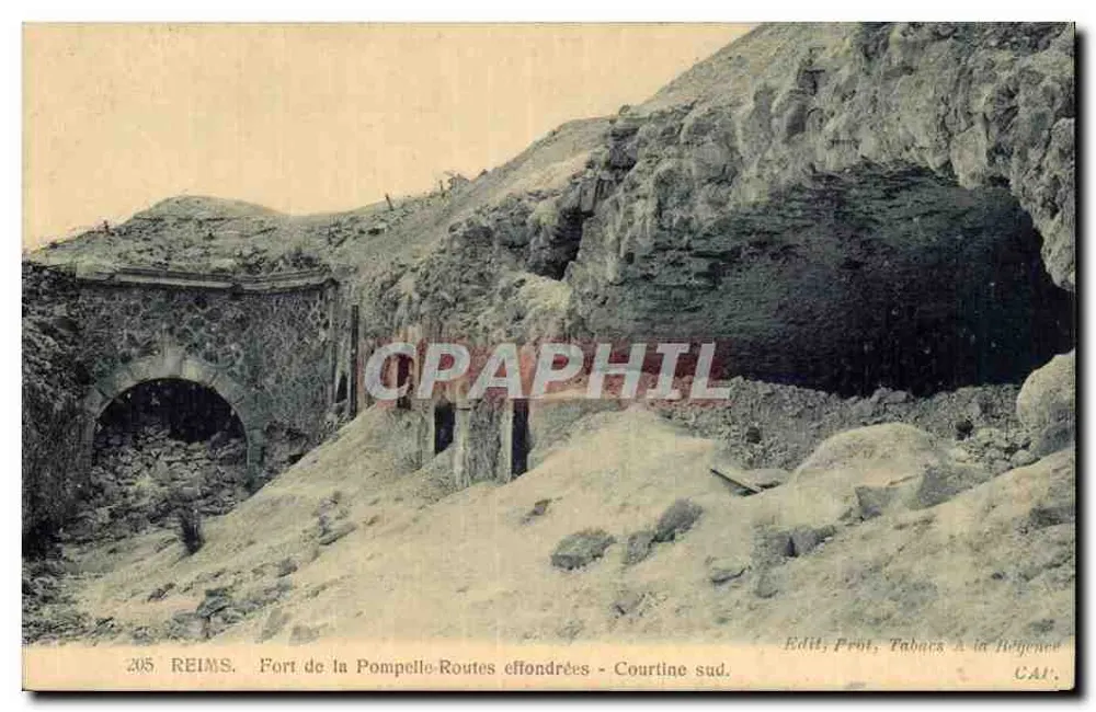 Reims. Fort de la Pompelle — Eingerissene Straßen - Südliche Mauer. — Verlag Prôt, Tabacs à la Jolgence, Reims. - Vorderseite