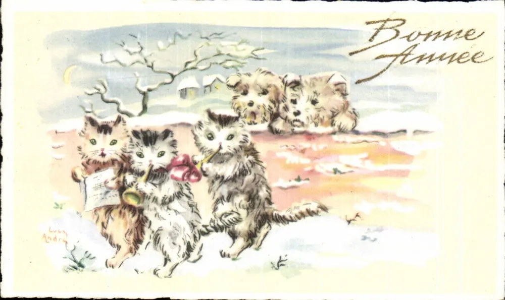 Schneekätzchen und Welpen — Frohes Neues Jahr — Lucien Andry - Vorderseite