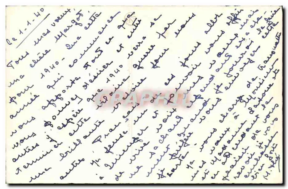 Winterlandschaft mit schneebedecktem Haus — Efeu-Motive und Hufeisen — Text 'Bonne Année' — Verlag nicht sichtbar - Rückseite
