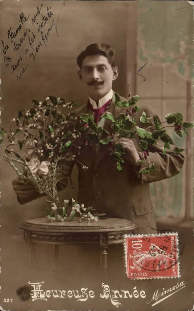 Mann mit Blumenstrauß — 'Glückliches Neues Jahr' — Meimosa, Nr. 327 - Vorderseite