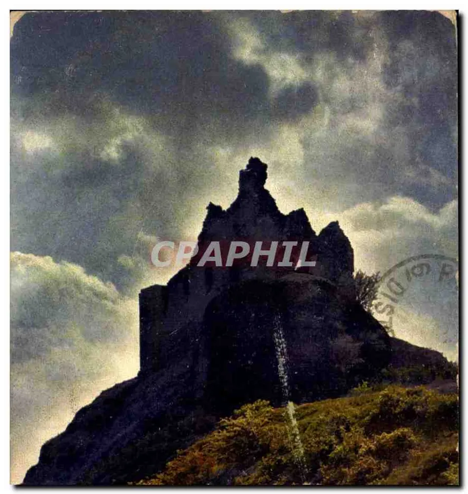 Castelo de Montségur — ruínas sob um céu tempestuoso — Photochromie Série 189, No. 25 - Frente