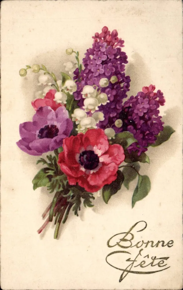 Blumenstrauß — Anemonen, Hyazinthen und Mädesüß — unbekannter Verlag, Seriennummer 2035 - Vorderseite