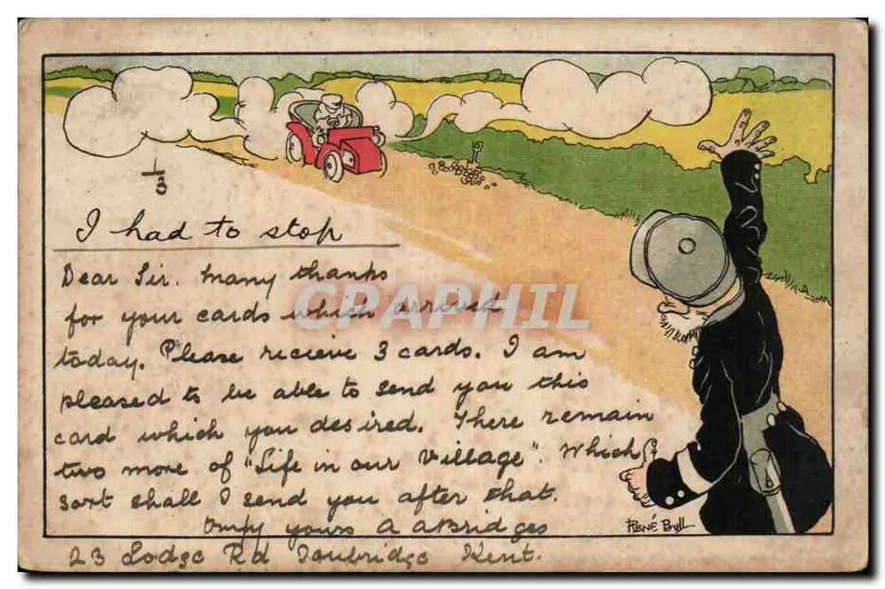 Automobil und Soldat — humoristische Szene — F. Brull - Vorderseite