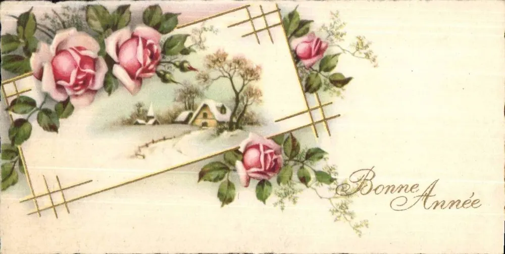 Winterlandschaft mit Rosen — Frohe Weihnachten — kein Verleger oder Nummer sichtbar - Vorderseite