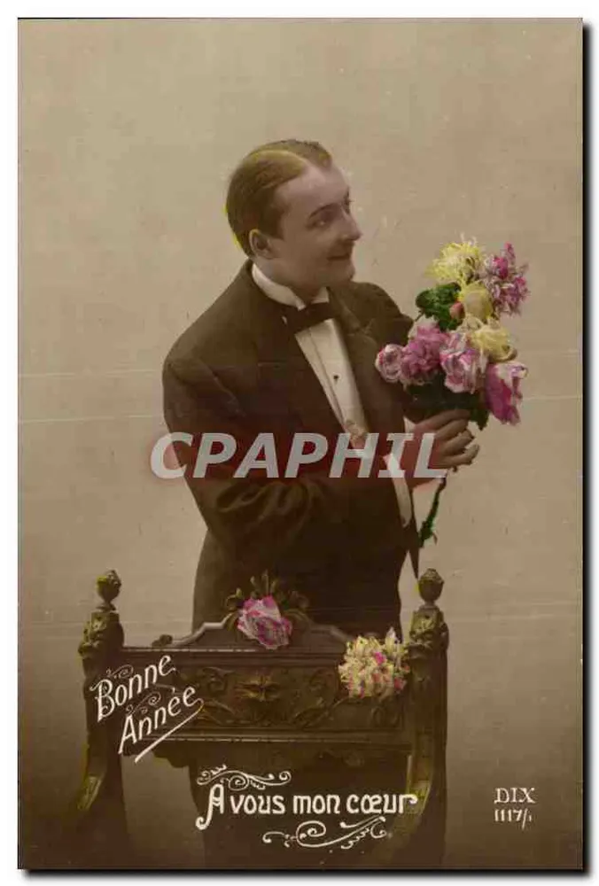 Ich gebe dir mein Herz — Mann im Abendkleid mit Blumenstrauß — Verlag DIX n° 117 - Vorderseite