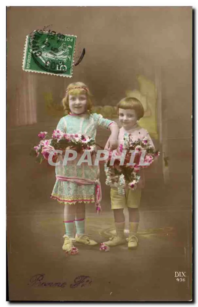 Zwei Kinder — mit Blumensträußen — Verlag DIX Nr. 4-36 - Vorderseite