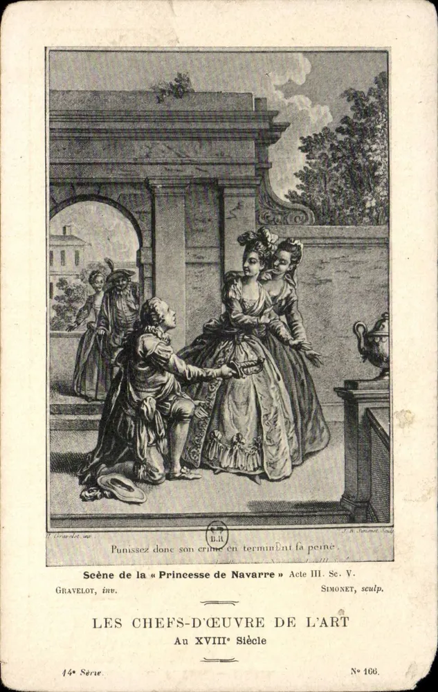 Szene aus der « Prinzessin von Navarra » — Akt III, Szene V — Gravelot, inv. — Simonet, sculp. — Serie 14, N° 166 - Vorderseite