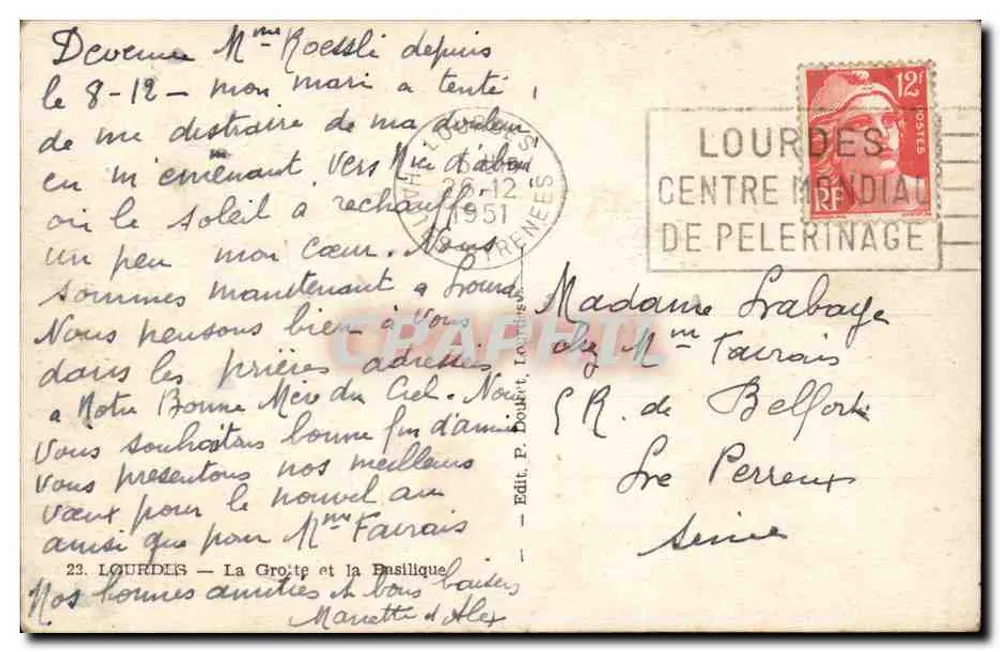 Lourdes — A Gruta e a Basílica — Edit. P. Douhet, série 23 - Verso