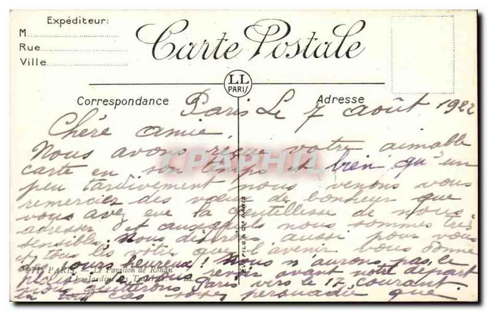 Jardim do Luxembourg — vista do Pavilhão de Flore — Carte Postale Parisienne - Verso