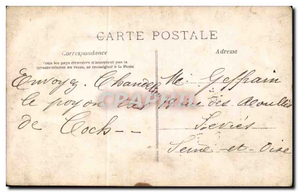 Frau in farbiger Robe mit einem Keks — gedruckter Text und 5 Cent-Stempel — Verleger A. Henoux, Nr. 494 - Rückseite
