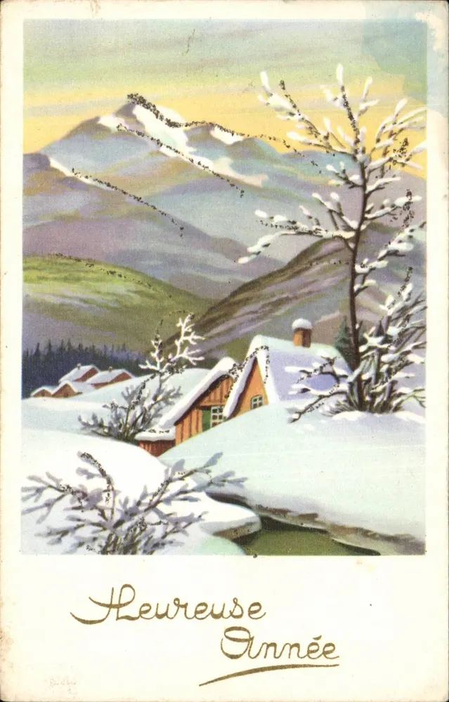 Paesaggio montano invernale — 'Buon Anno' — Edizioni Univers, n°203 - Recto