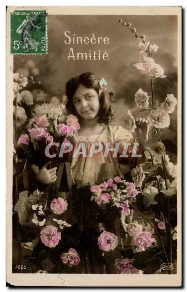 Fille entourée de fleurs — Sincère Amitié — Giraud, n°4605 - Recto