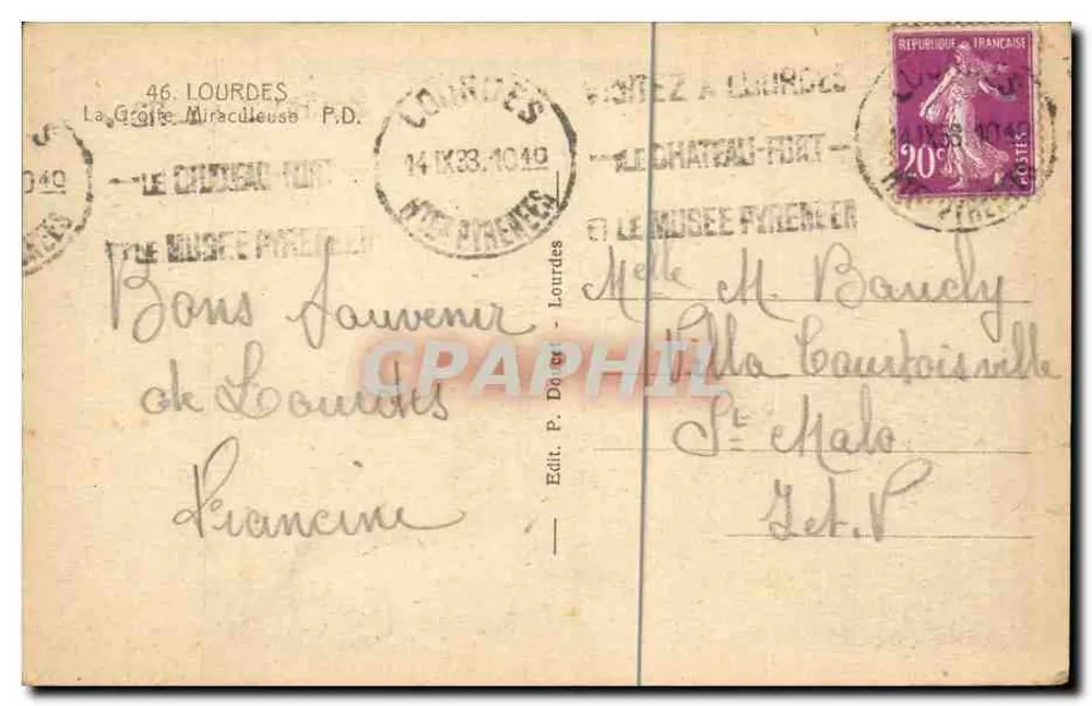 A Gruta Milagrosa — Lourdes — Edit. P. Daucé - Verso