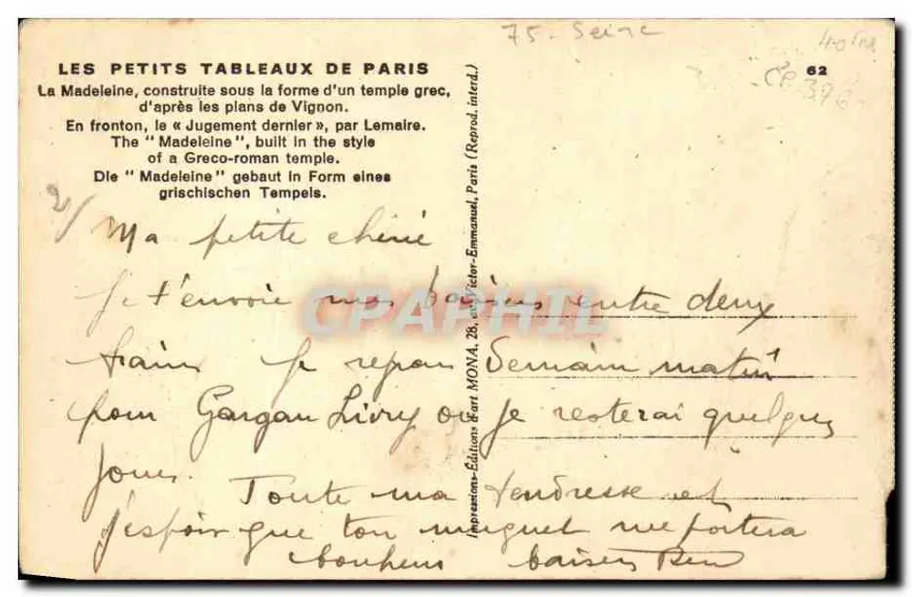 A Madeleine — editor MONA, Paris — n° 62 - Verso