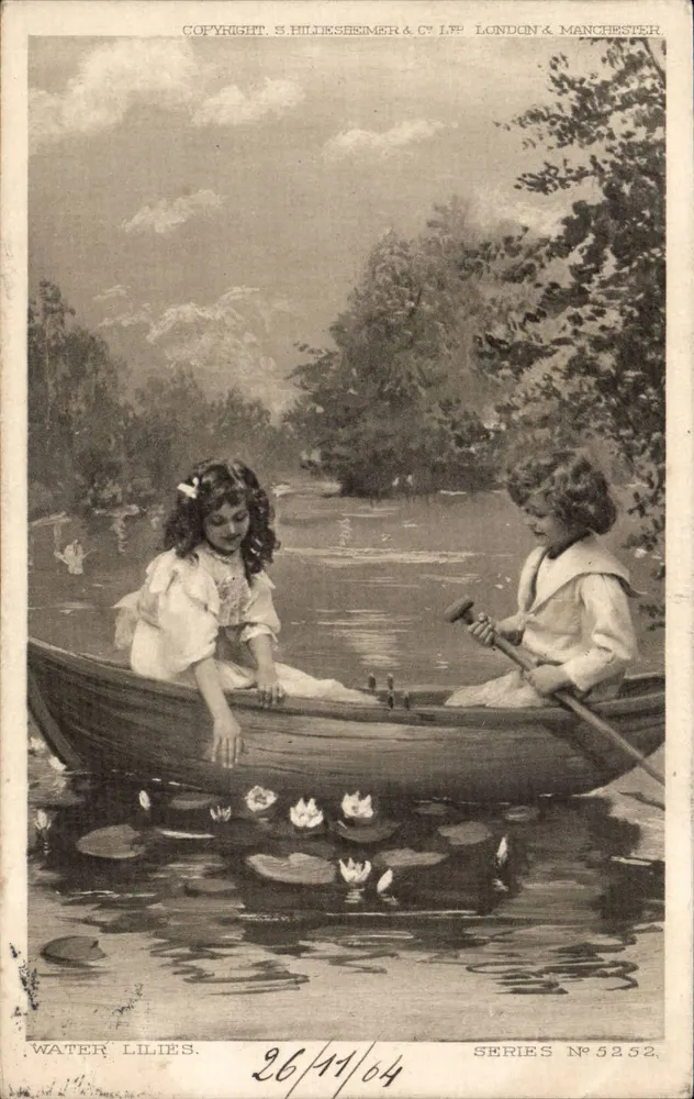 Zwei Kinder in einem Boot — Wasserlilien — S. Hildesheimer & Co. Ltd, Serie N°5252 - Vorderseite