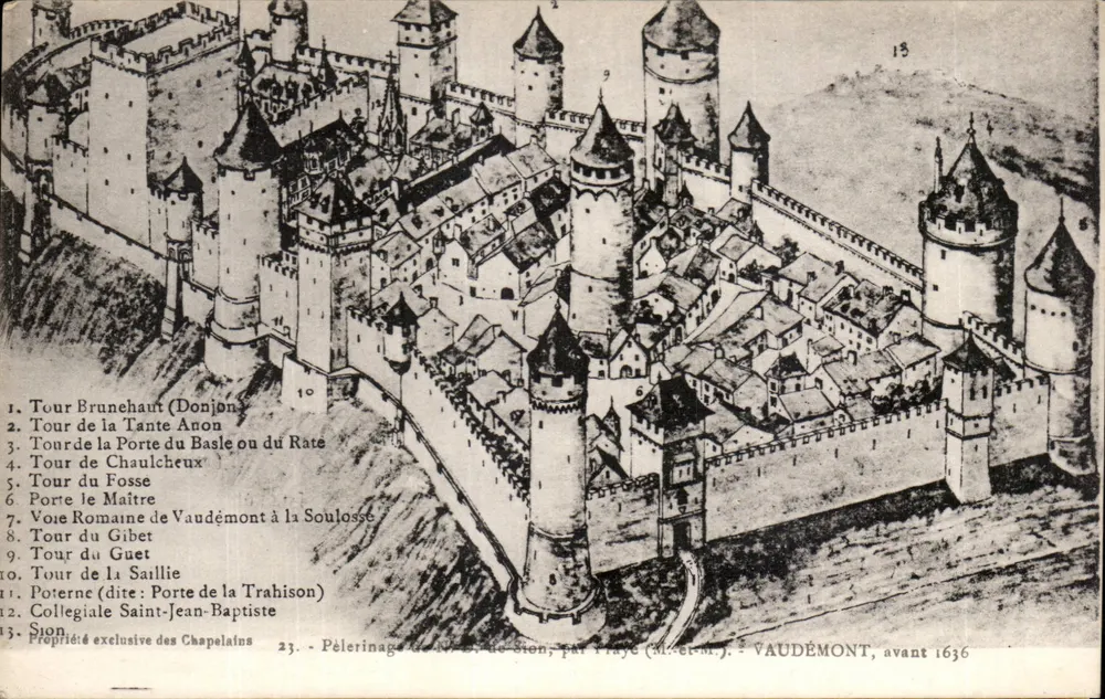 Sion — Vista aérea do castelo de Vaudémont antes de 1636 — Pelerinagem de N.-D. de Sion, por Frayé (M.-et-M.) - Frente