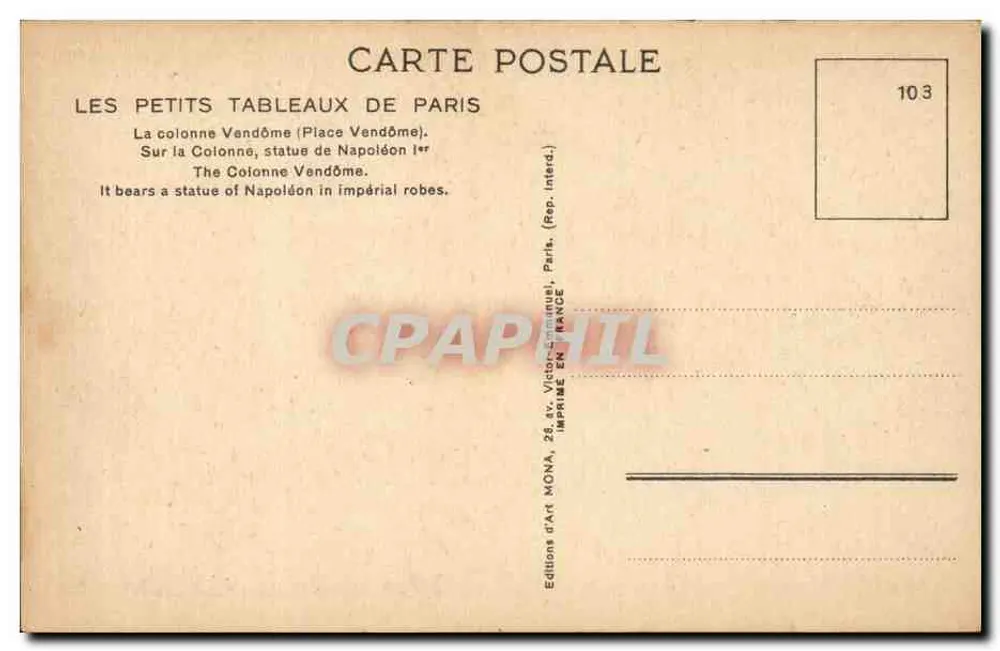 Praça Vendôme — Coluna de Napoleão — Éditions d'Art Mona - Verso