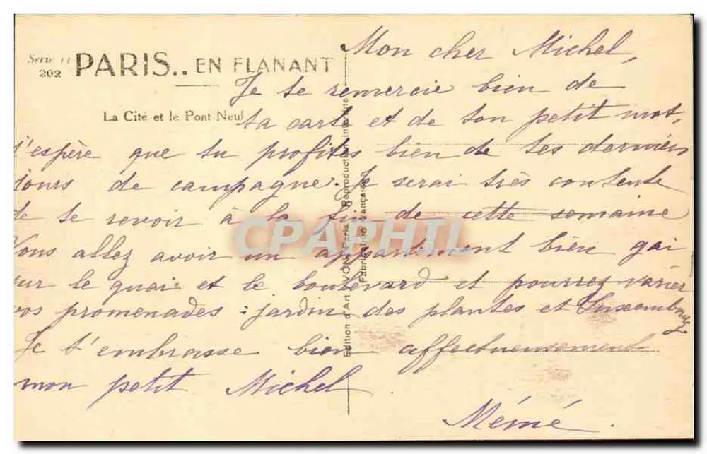 Paris — A Cidade e o Pont Neuf — Édition d'Art de France, série 202 - Verso
