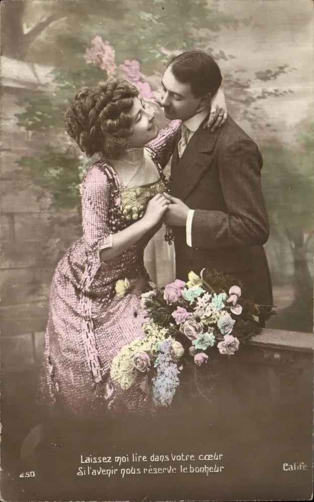 Liebe — sich umarmende Paar mit Blumenstrauß — Calife n°250 - Vorderseite