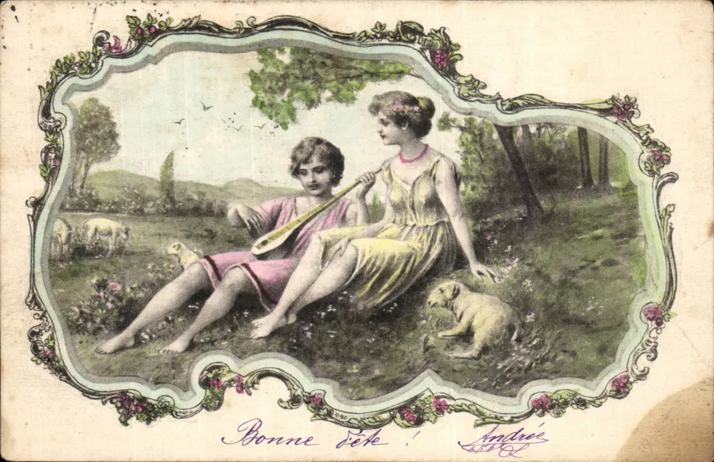 Zwei junge Frauen im Landschaftsbild — Frohe Feier! — Andrée, n° 4178 D - Vorderseite