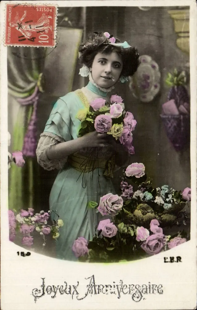 Frau mit Rosenstrauß — Frohes Geburtstag — L.B.R. - Vorderseite