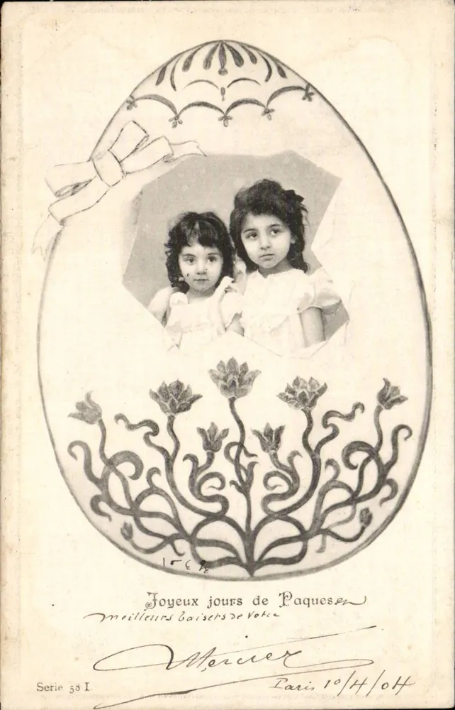 Deux enfants — dans un œuf de Pâques décoré — éditeur Manner, Paris, série 38 I - Vorderseite
