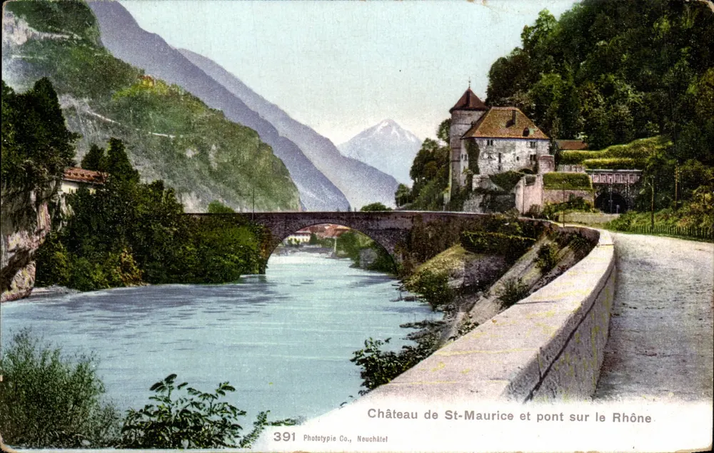 Schloss St-Maurice und Brücke über den Rhône — Phototypie Co., Neuchâtel, Nr. 391 - Vorderseite