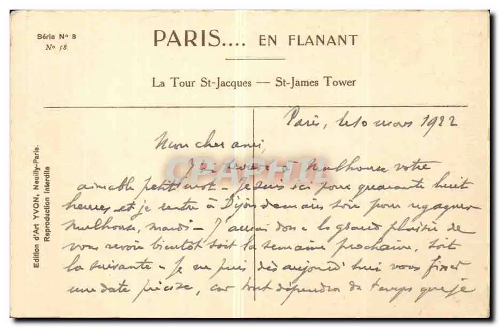 La Tour St-Jacques — Torre de St-James — Editor Yvon, Série N° 3, No 58 - Verso